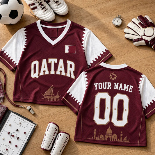 Personalized Qatar Soccer Football Jersey Crop Top